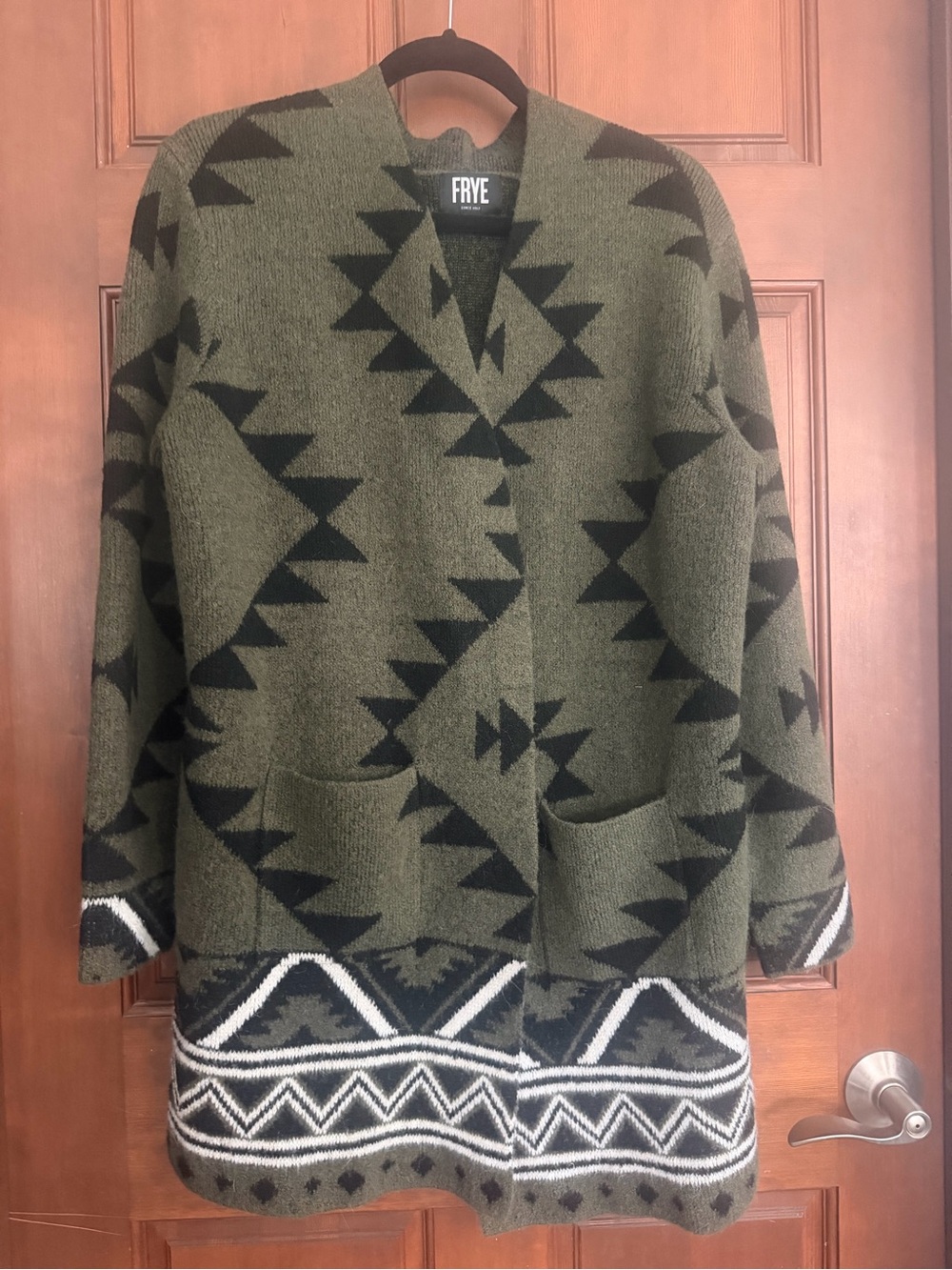 FRYE Olive & Black Geometric Open-Front Cardigan